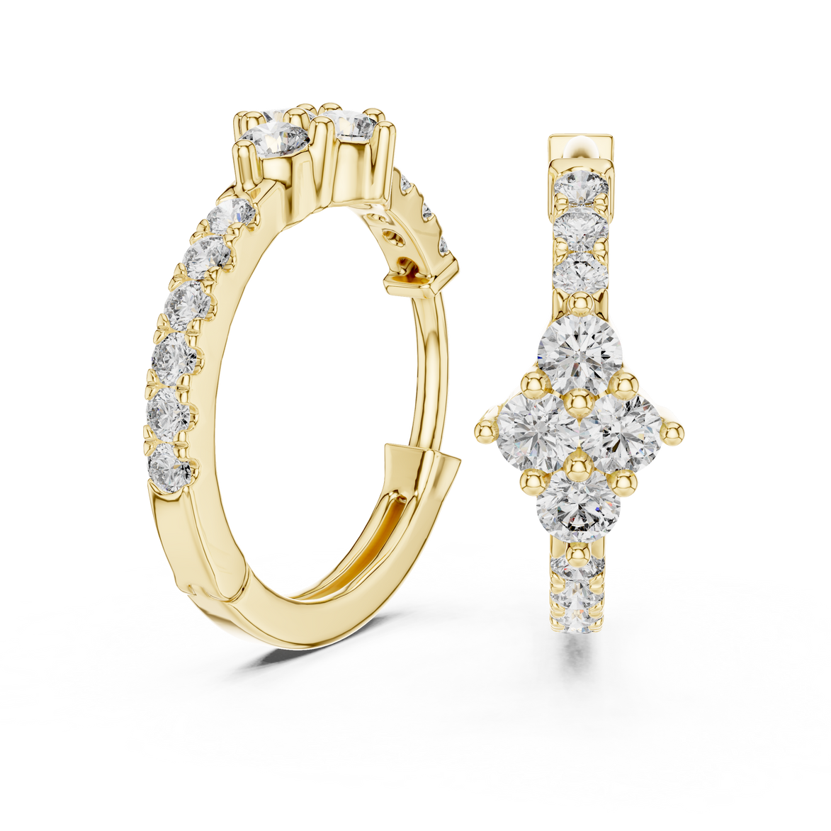 Diamond cluster hoop earrings with floral inspired design