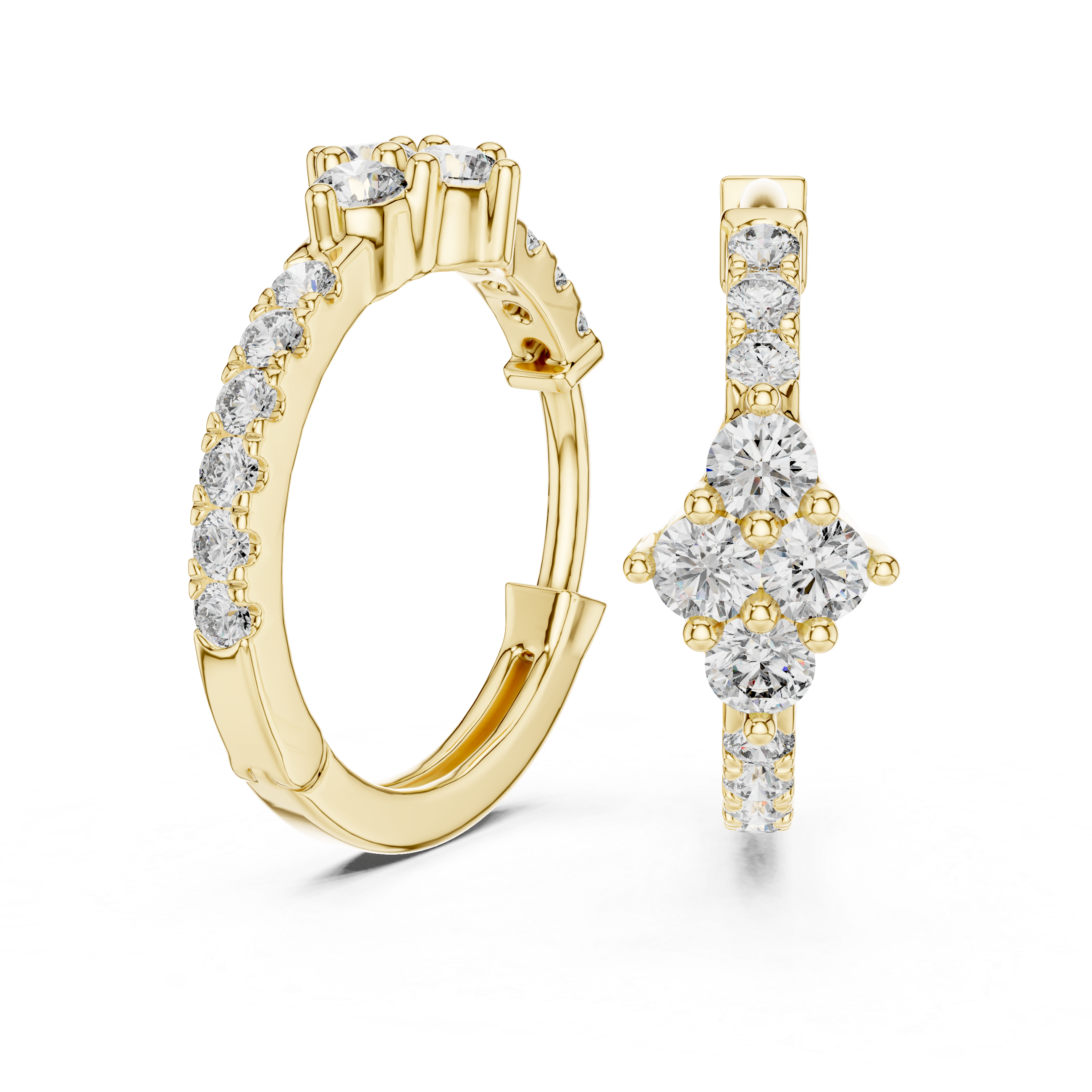 Diamond cluster hoop earrings with floral inspired design