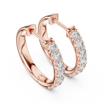 Side profile of rose gold elegant U-cut round diamond huggie hoops.