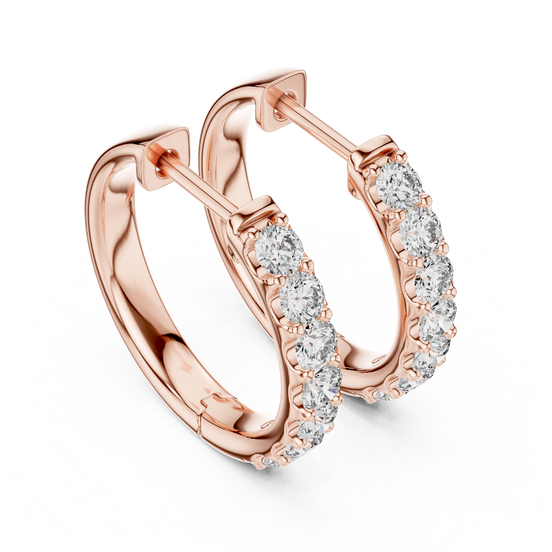 Side profile of rose gold elegant U-cut round diamond huggie hoops.