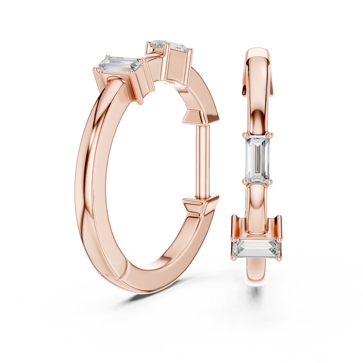 Minimal baguette diamond hoop earrings in polished rose gold finish