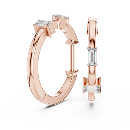 Minimal baguette diamond hoop earrings in polished rose gold finish