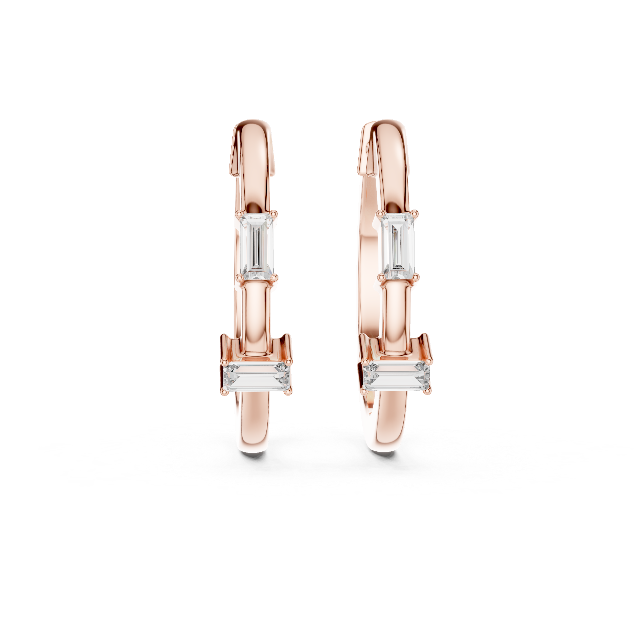 Minimal baguette diamond hoop earrings in polished rose gold finish