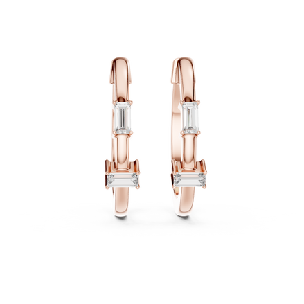 Minimal baguette diamond hoop earrings in polished rose gold finish