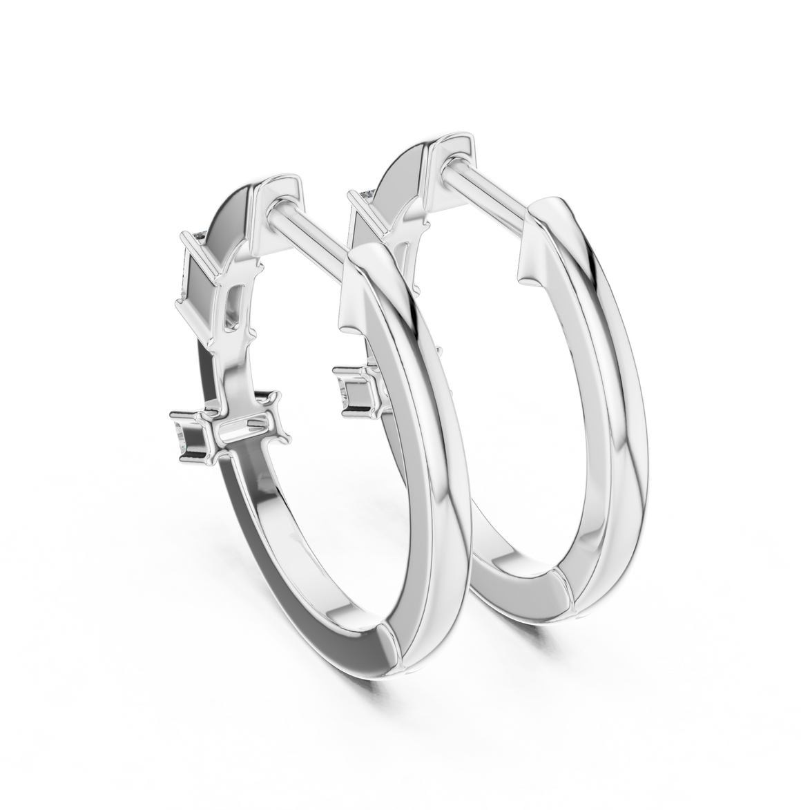 Minimal baguette diamond hoop earrings in polished rose gold finish