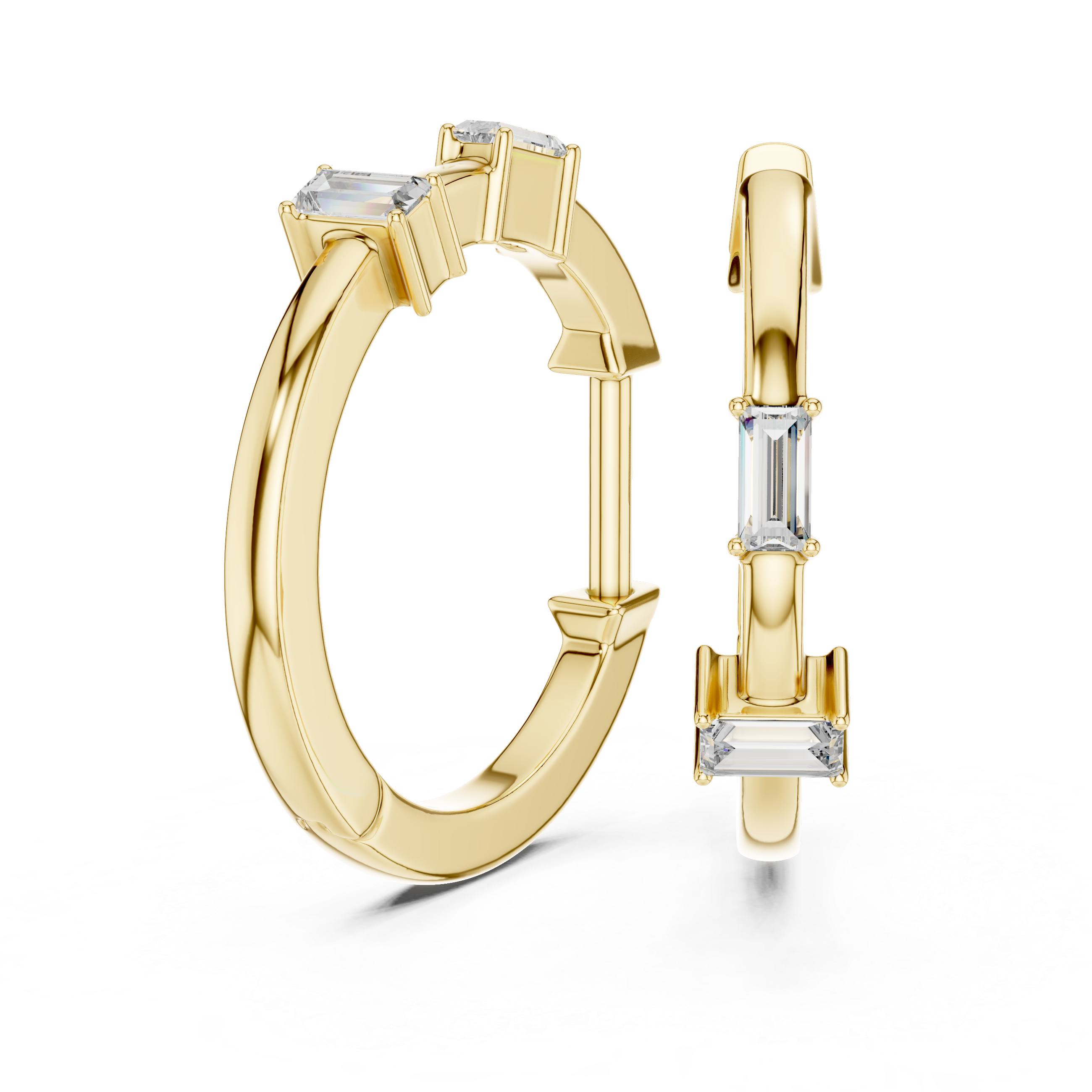 Minimal baguette diamond hoop earrings in polished rose gold finish