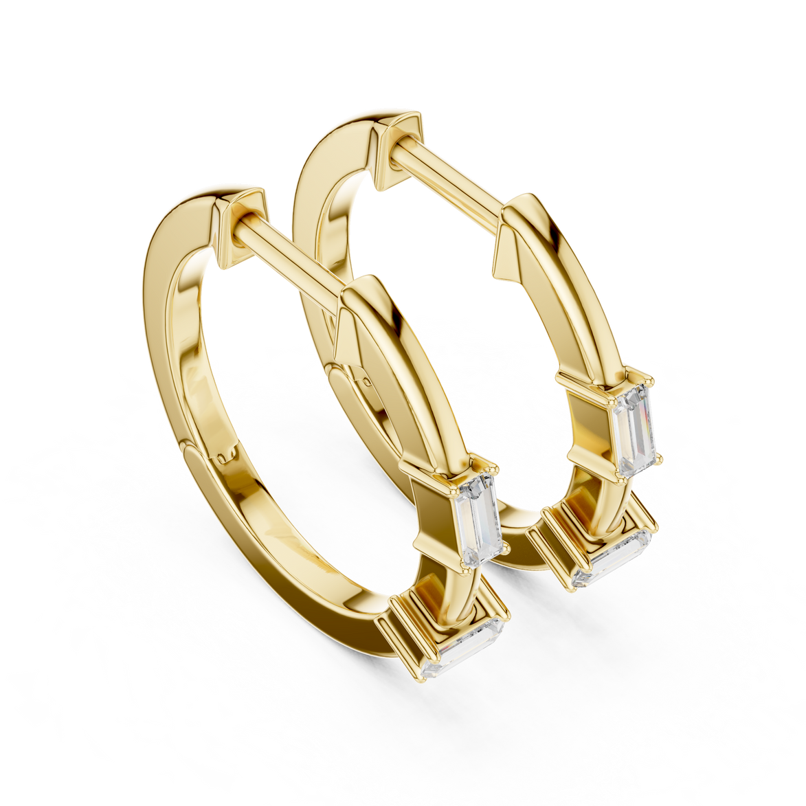 Minimal baguette diamond hoop earrings in polished rose gold finish