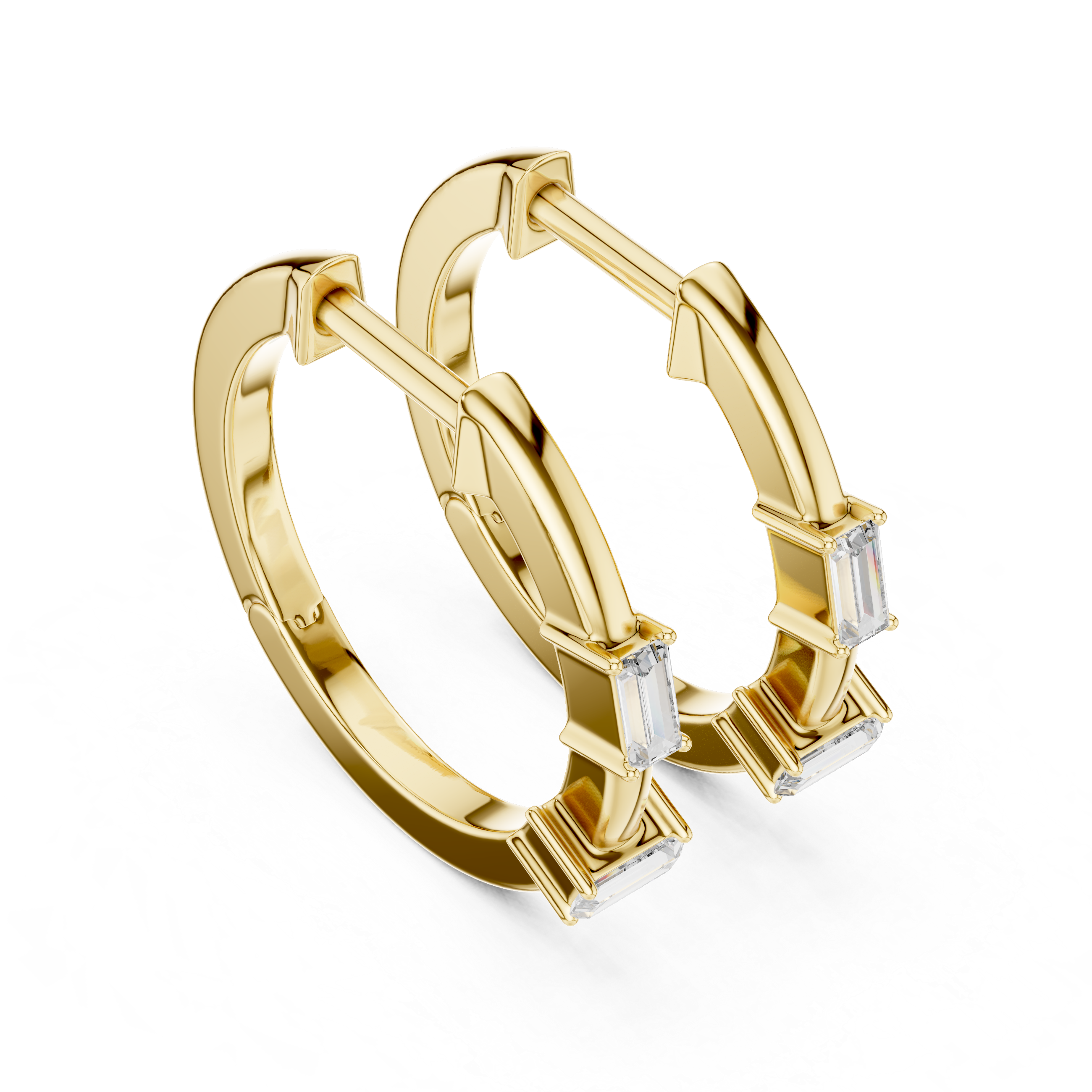 Minimal baguette diamond hoop earrings in polished rose gold finish