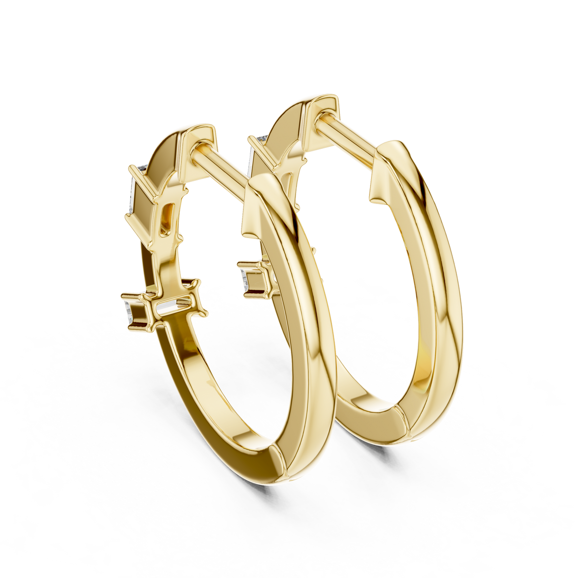 Minimal baguette diamond hoop earrings in polished rose gold finish