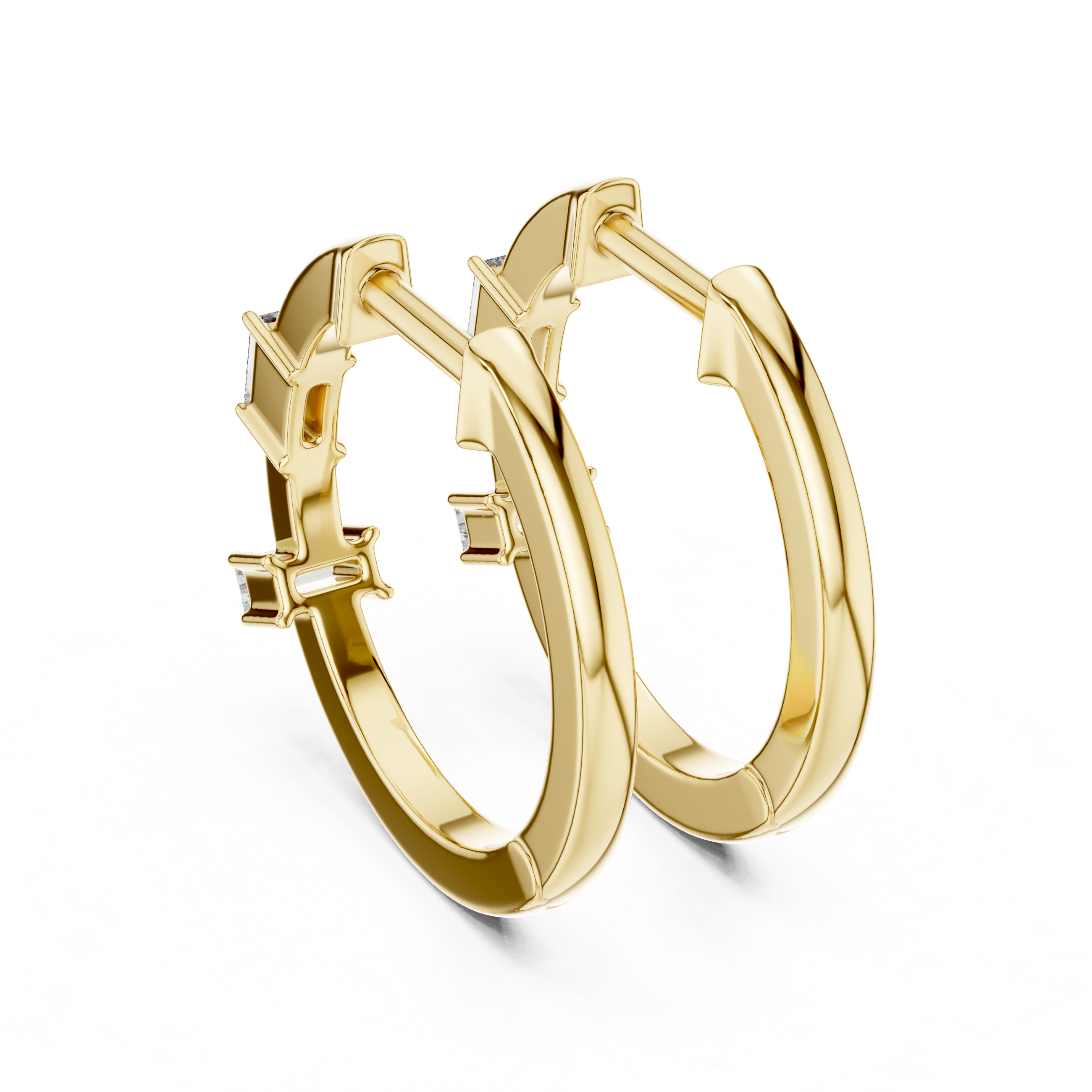 Minimal baguette diamond hoop earrings in polished rose gold finish