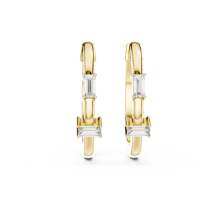 Front view of Modern Baguette diamond hoop earrings in yellow gold.