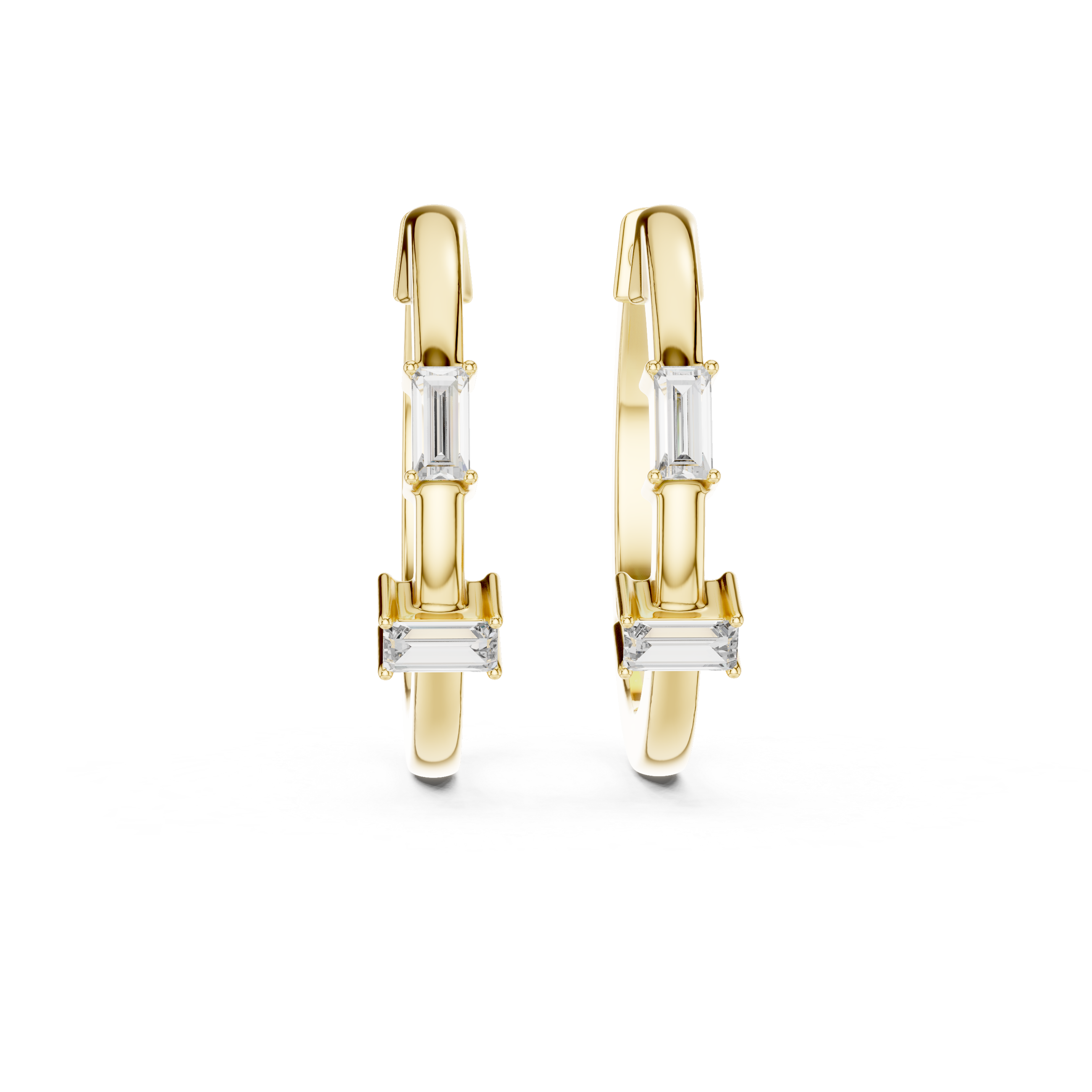 Minimal baguette diamond hoop earrings in polished rose gold finish