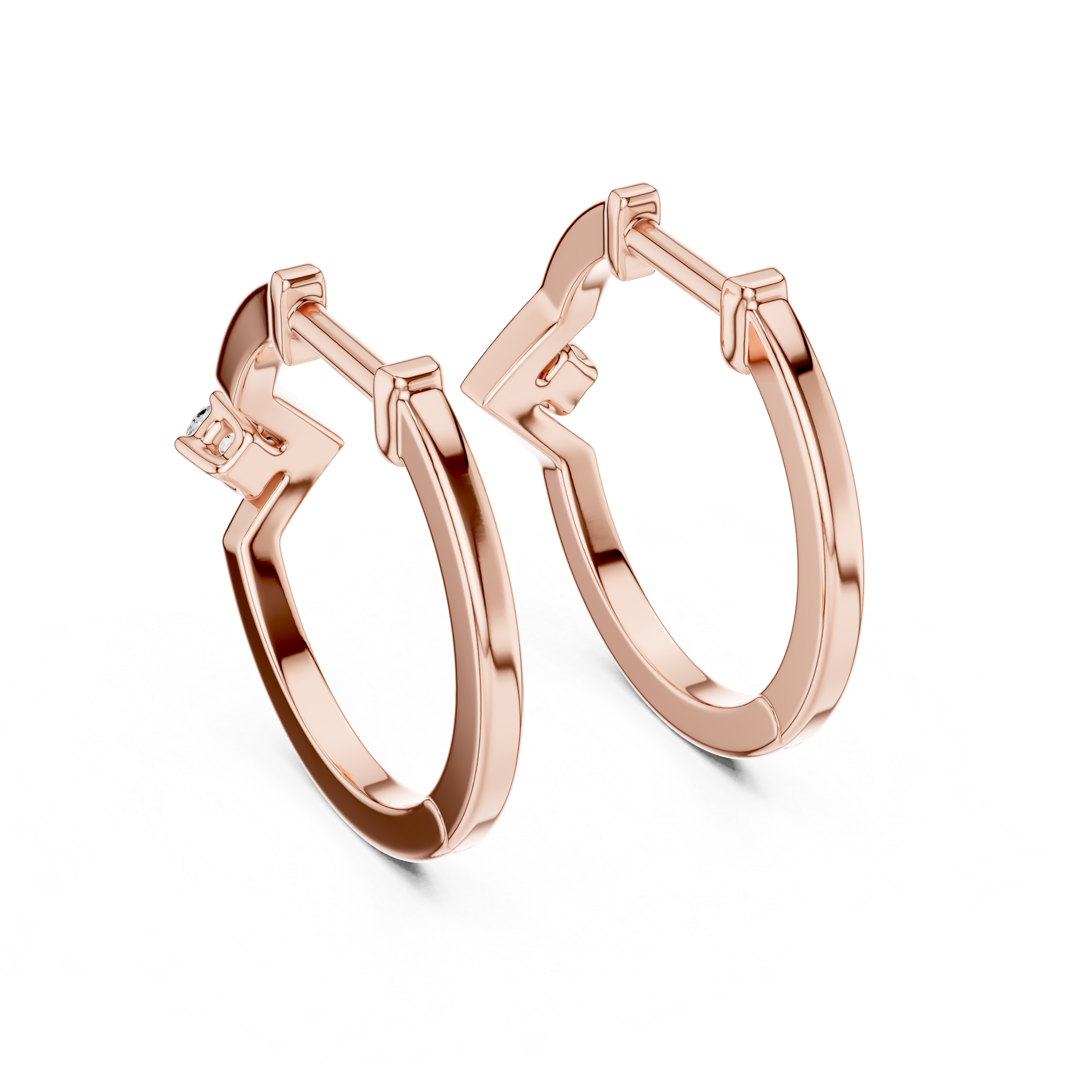 Minimal geometric diamond hoop earrings in polished rose gold finish