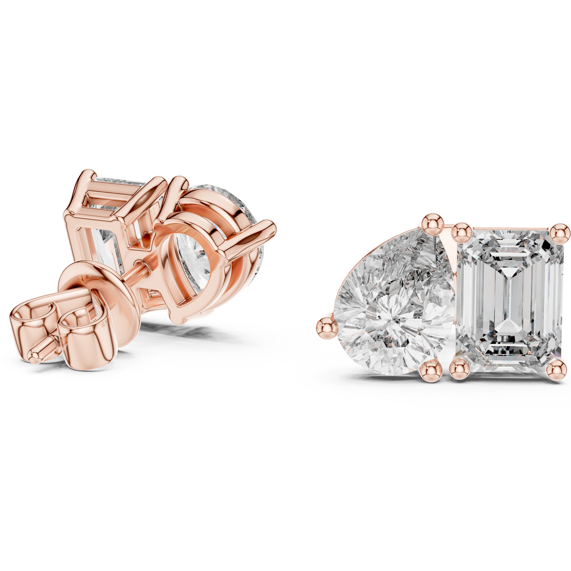 Pear and emerald cut diamond stud earrings in modern luxury design