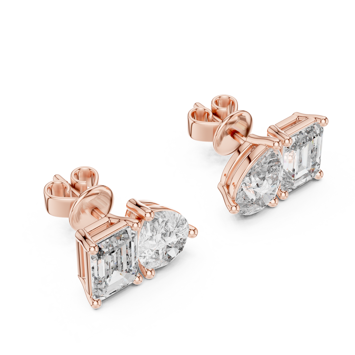 Pear and emerald cut diamond stud earrings in modern luxury design
