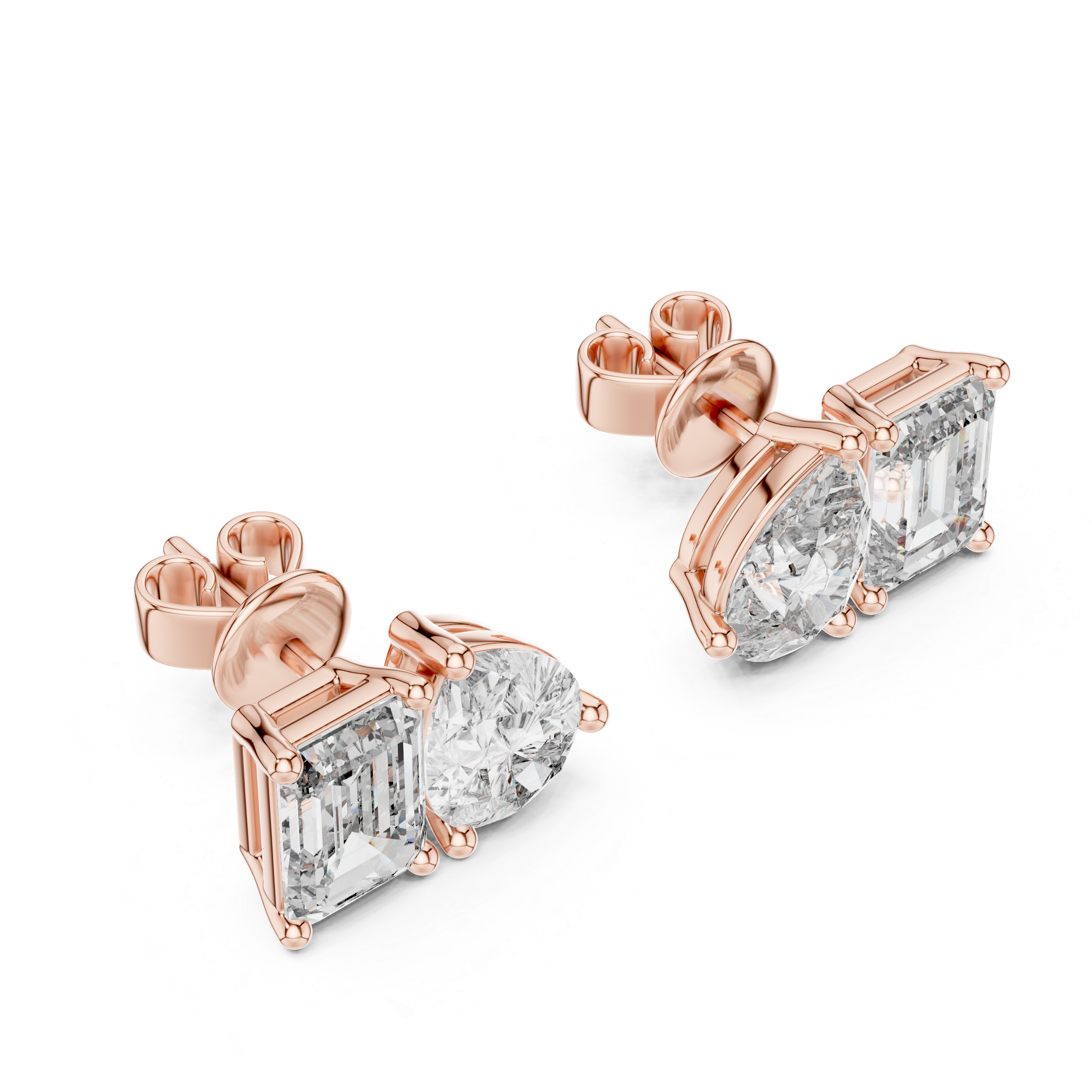 Pear and emerald cut diamond stud earrings in modern luxury design