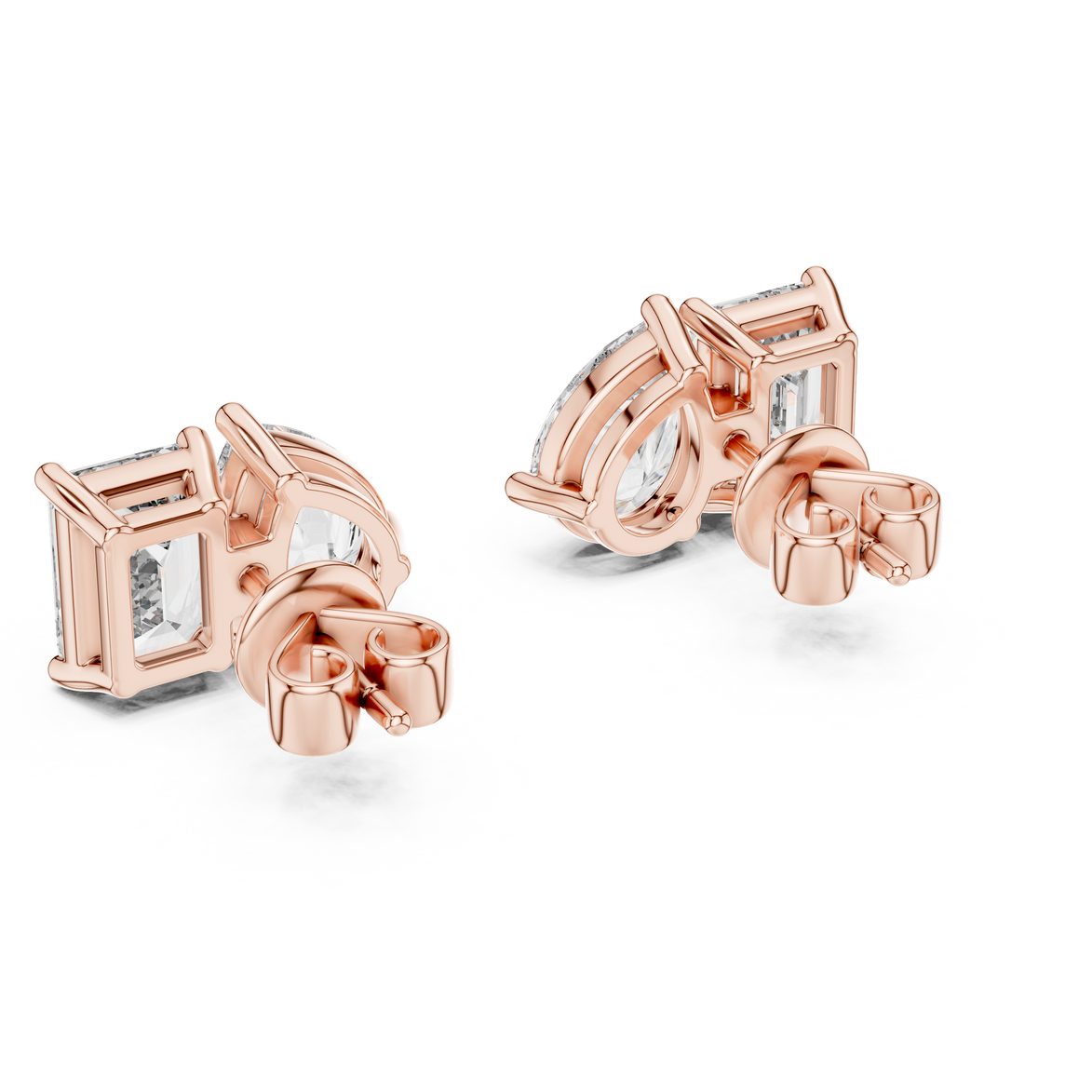 Pear and emerald cut diamond stud earrings in modern luxury design