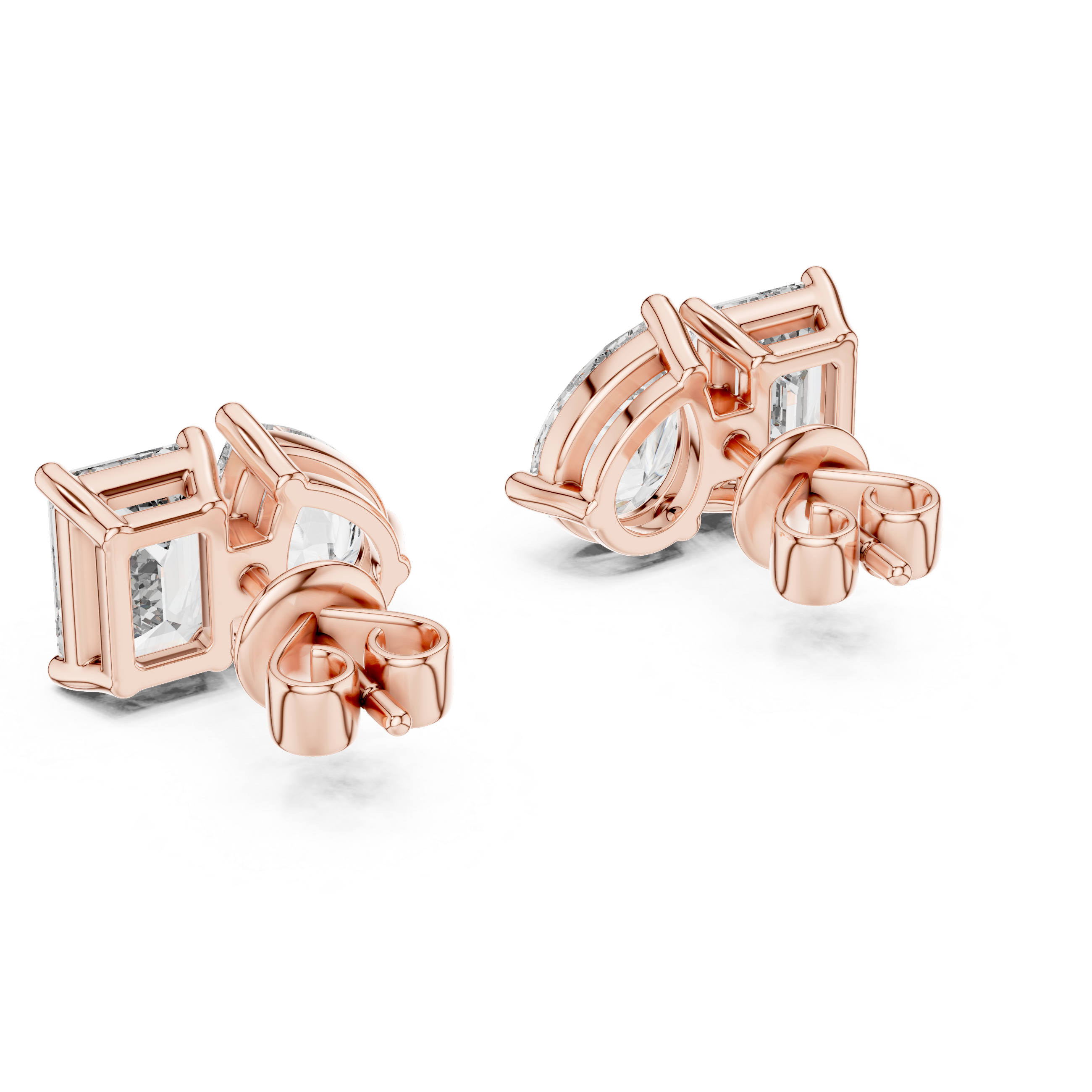 Pear and emerald cut diamond stud earrings in modern luxury design