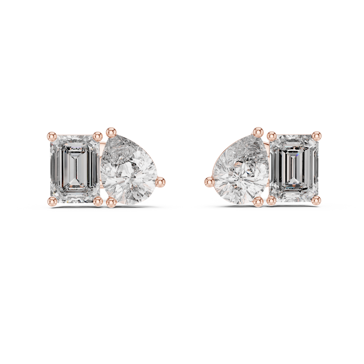 Pear and emerald cut diamond stud earrings in modern luxury design