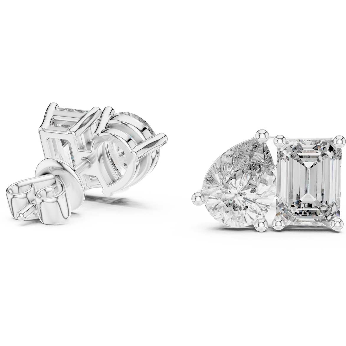 Pear and emerald cut diamond stud earrings in modern luxury design