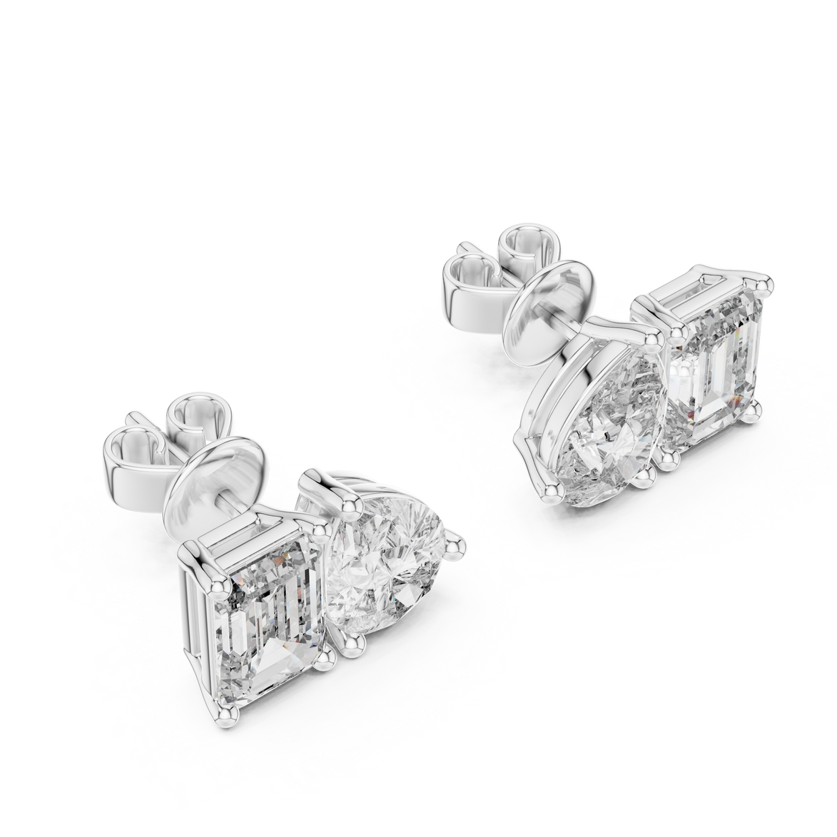 Pear and emerald cut diamond stud earrings in modern luxury design