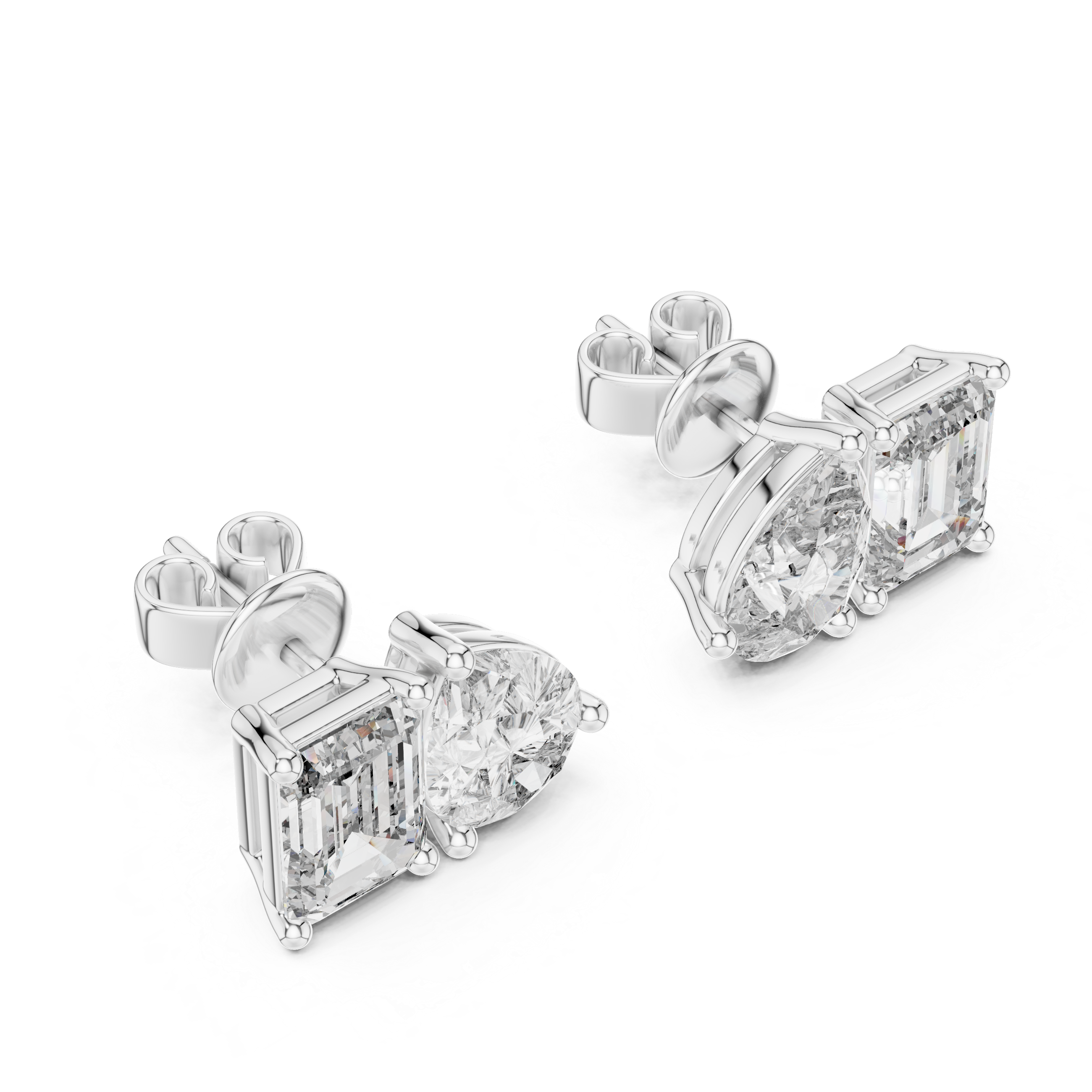Pear and emerald cut diamond stud earrings in modern luxury design