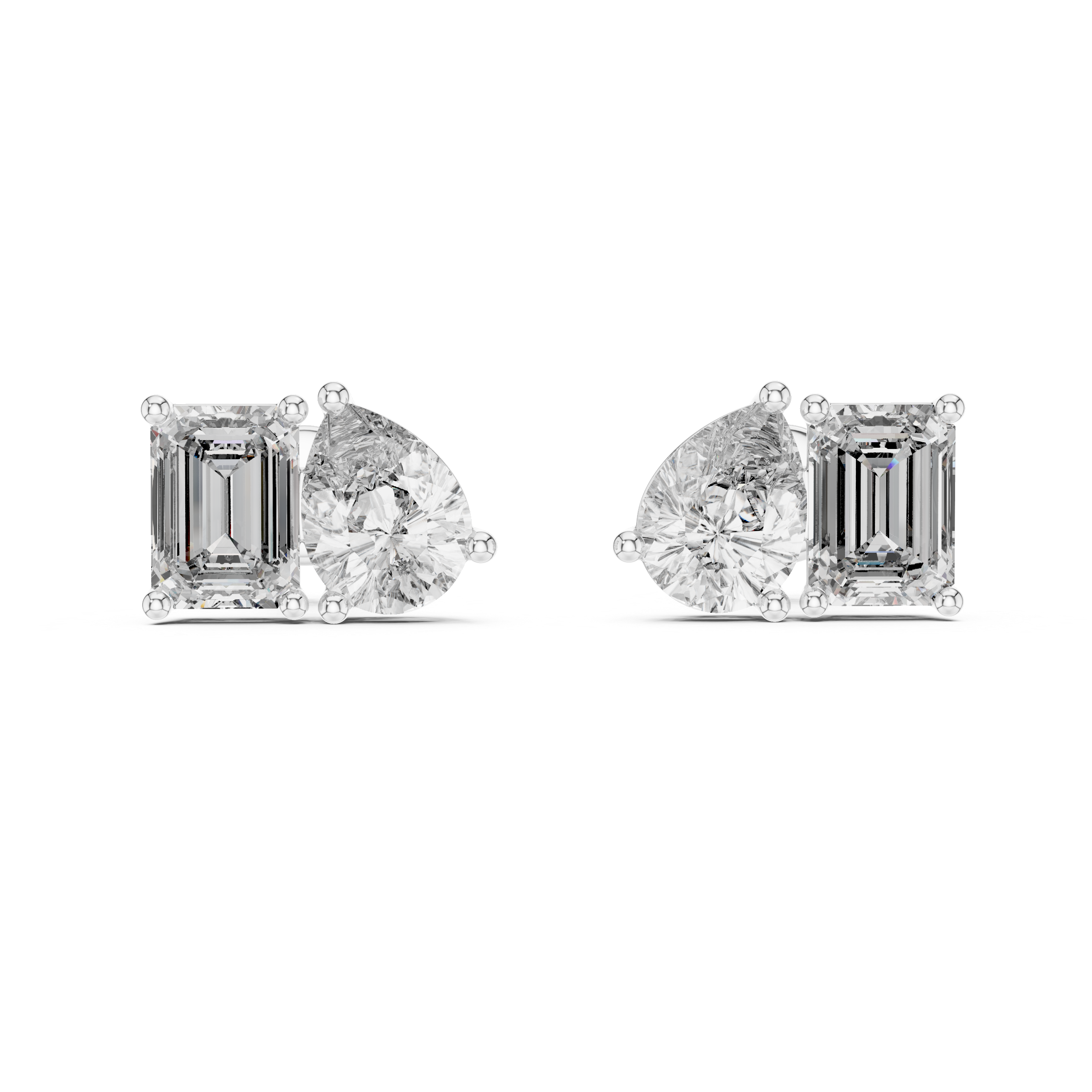 Pear and emerald cut diamond stud earrings in modern luxury design