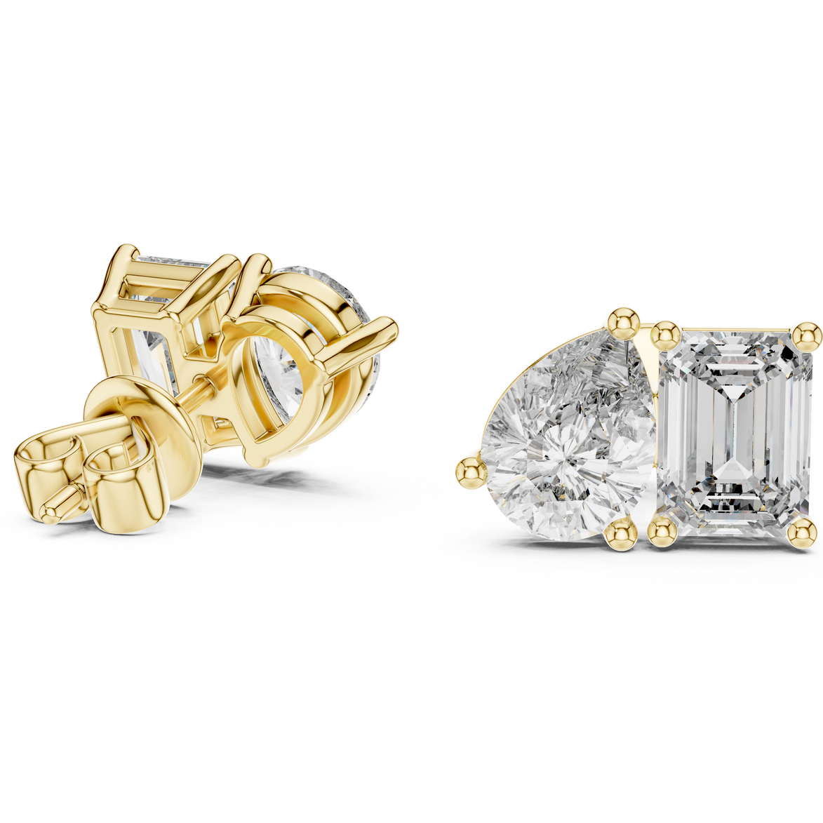 Pear and emerald cut diamond stud earrings in modern luxury design