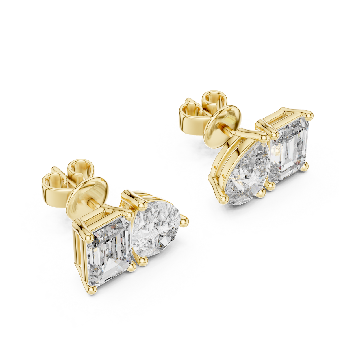 Pear and emerald cut diamond stud earrings in modern luxury design