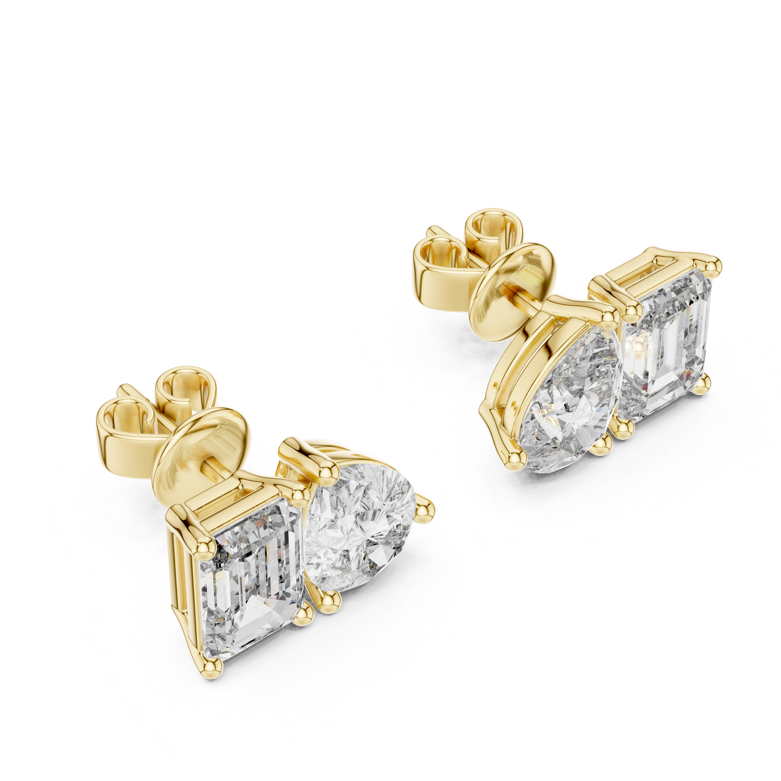 Pear and emerald cut diamond stud earrings in modern luxury design