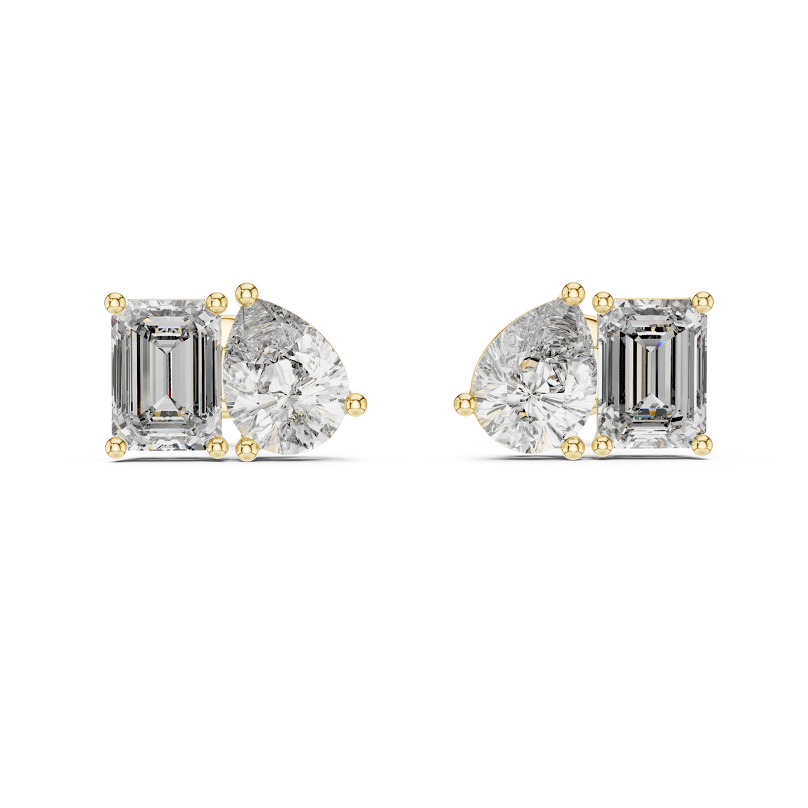 Pear and emerald cut diamond stud earrings in modern luxury design