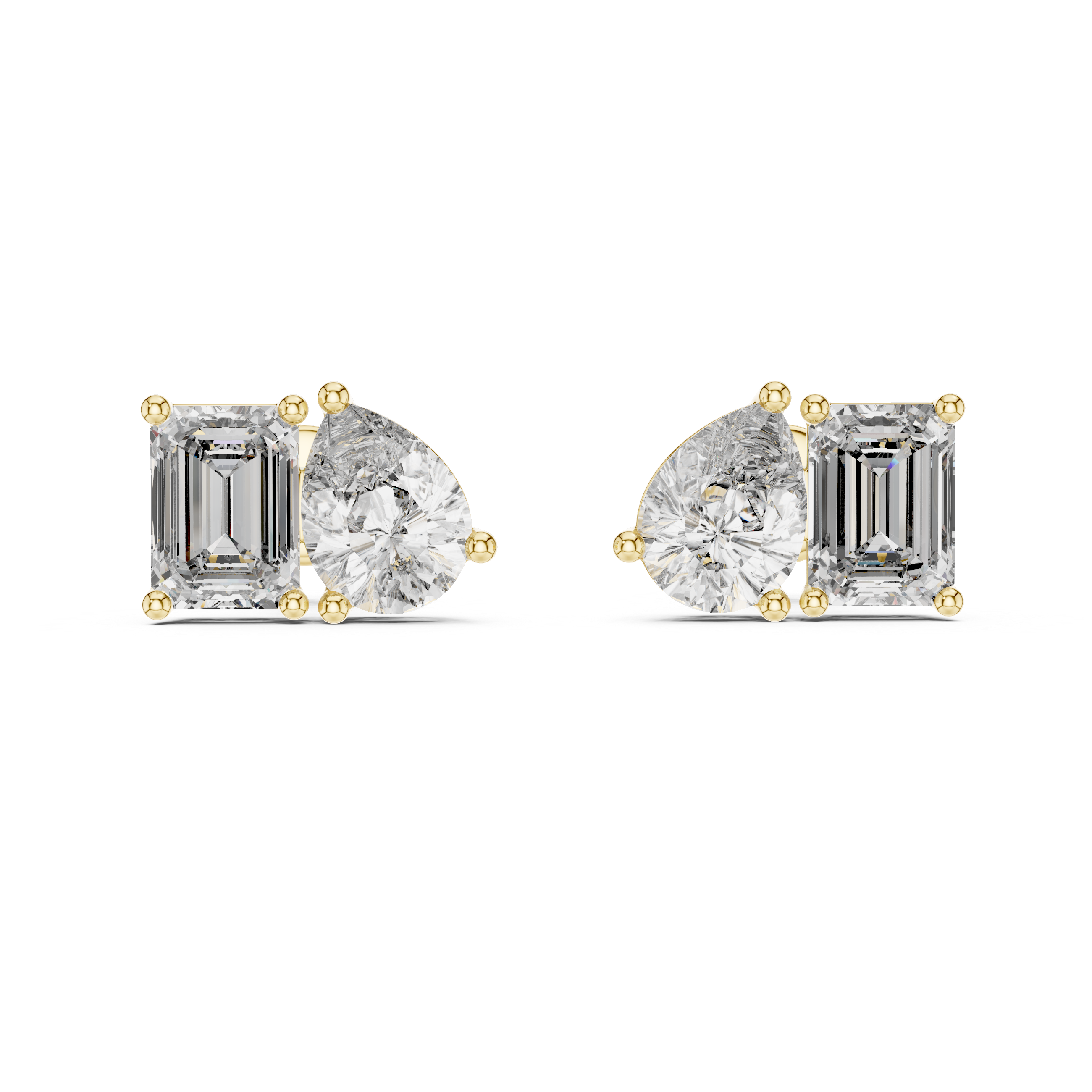 Pear and emerald cut diamond stud earrings in modern luxury design
