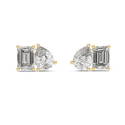 Front view of Harmony Duo diamond stud earrings in yellow gold with pear and emerald cut diamonds.