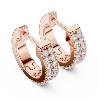 Side profile of rose gold elegant double row round diamond huggie hoops.