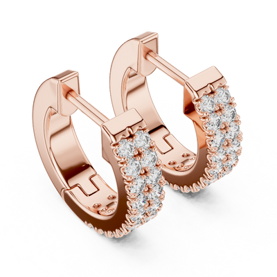 Side profile of rose gold elegant double row round diamond huggie hoops.