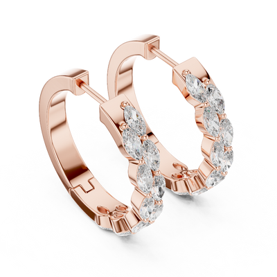 Side profile of rose gold luxurious shared-prong marquise diamond hoops.
