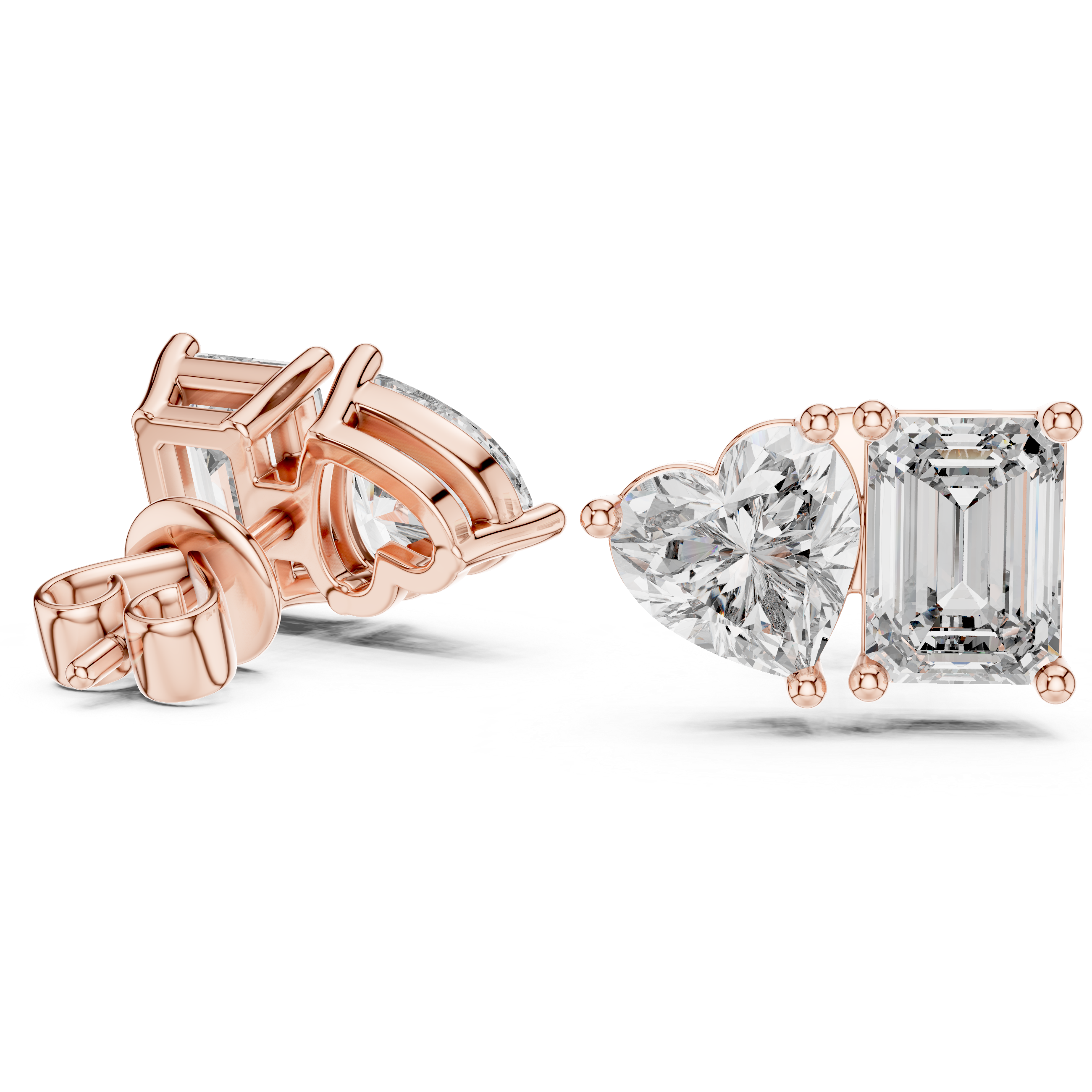 Heart and emerald cut diamond stud earrings in rose gold finish
