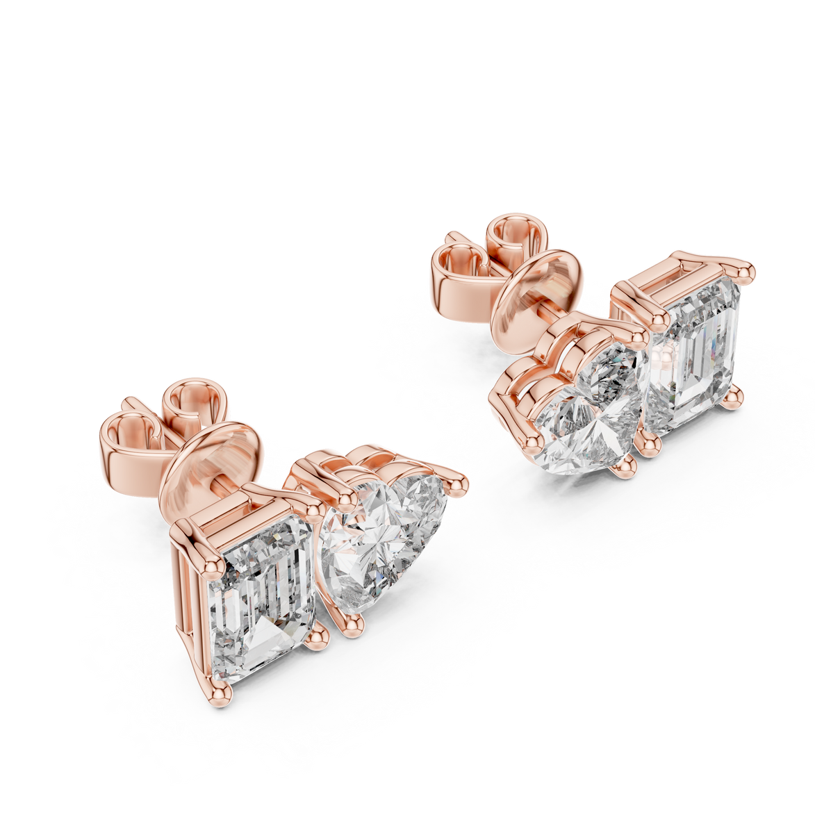 Heart and emerald cut diamond stud earrings in rose gold finish