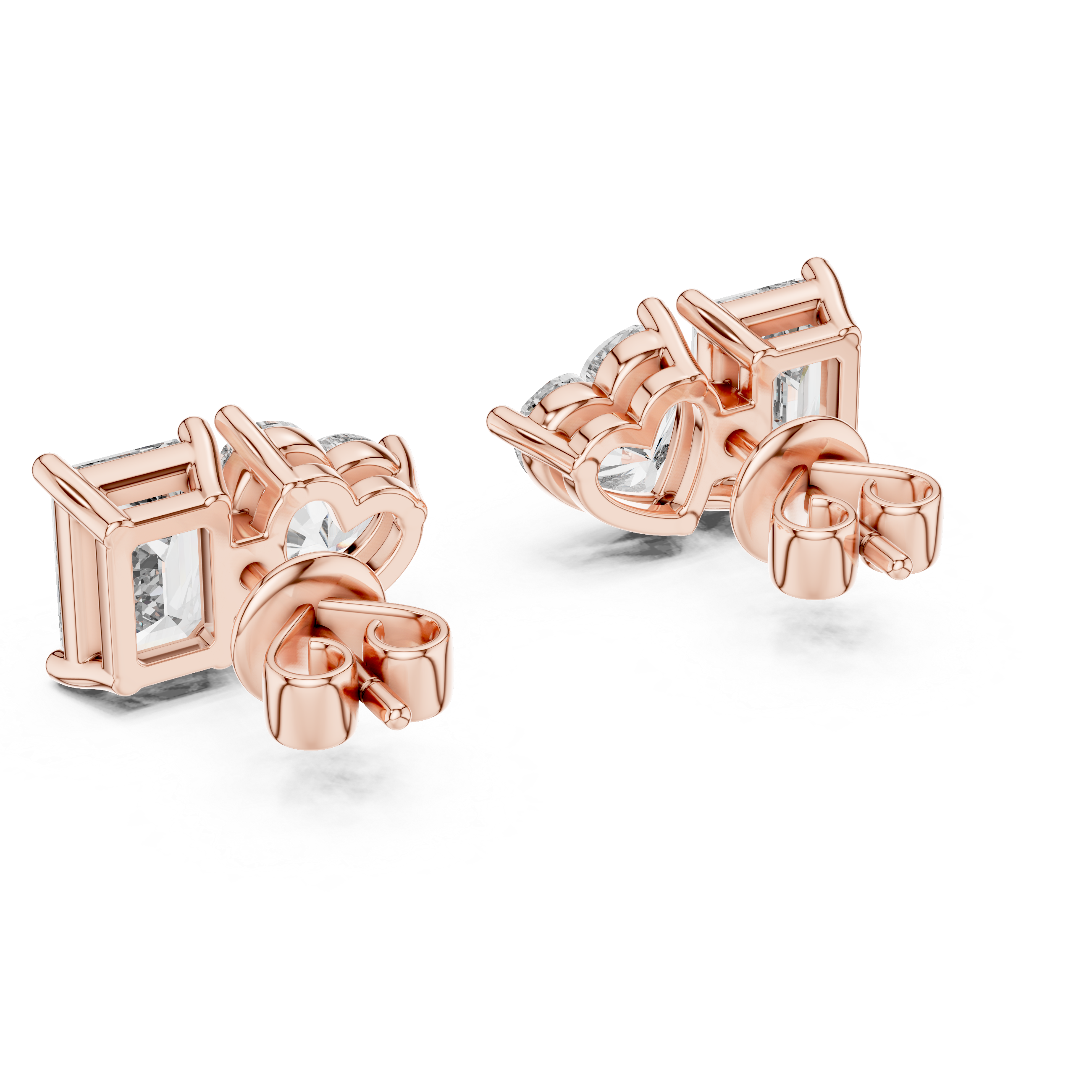 Heart and emerald cut diamond stud earrings in rose gold finish
