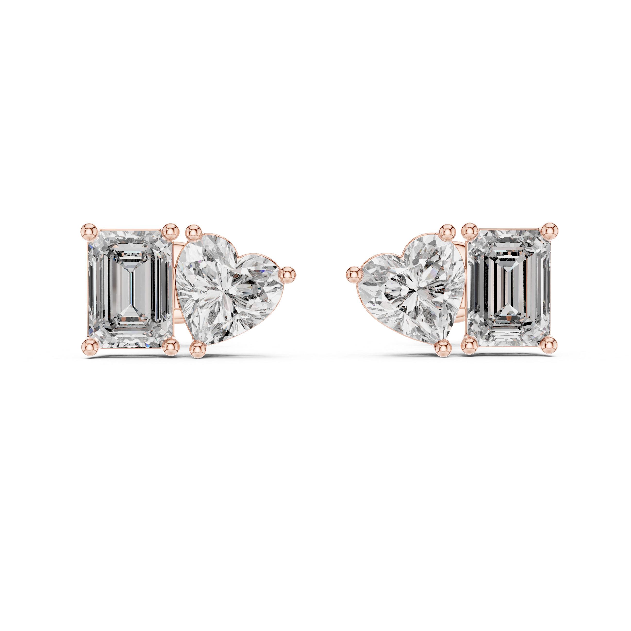 Heart and emerald cut diamond stud earrings in rose gold finish