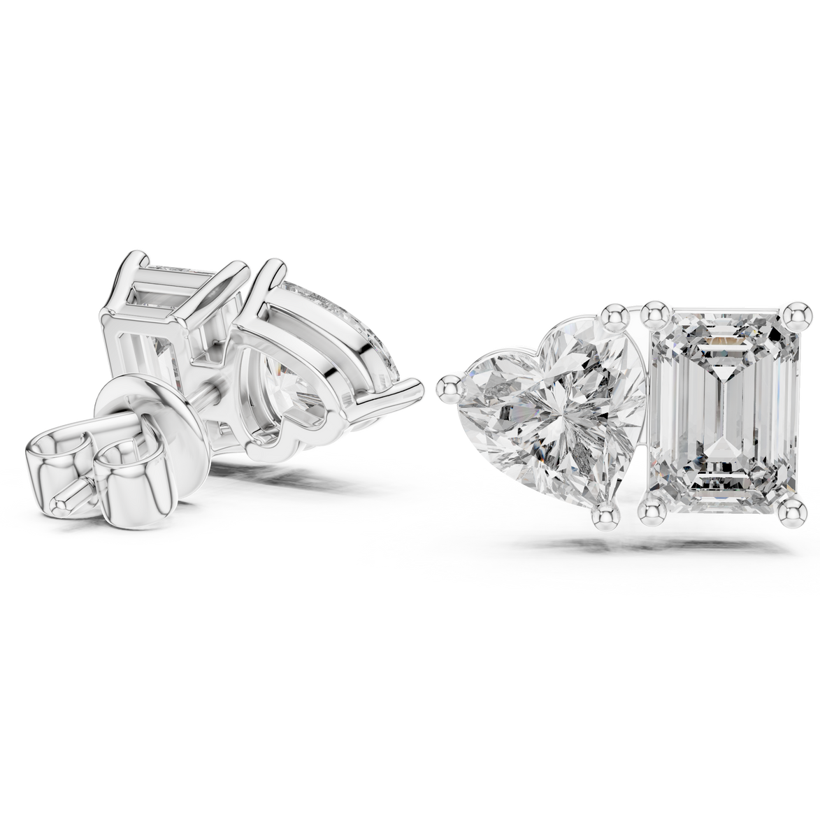Heart and emerald cut diamond stud earrings in rose gold finish