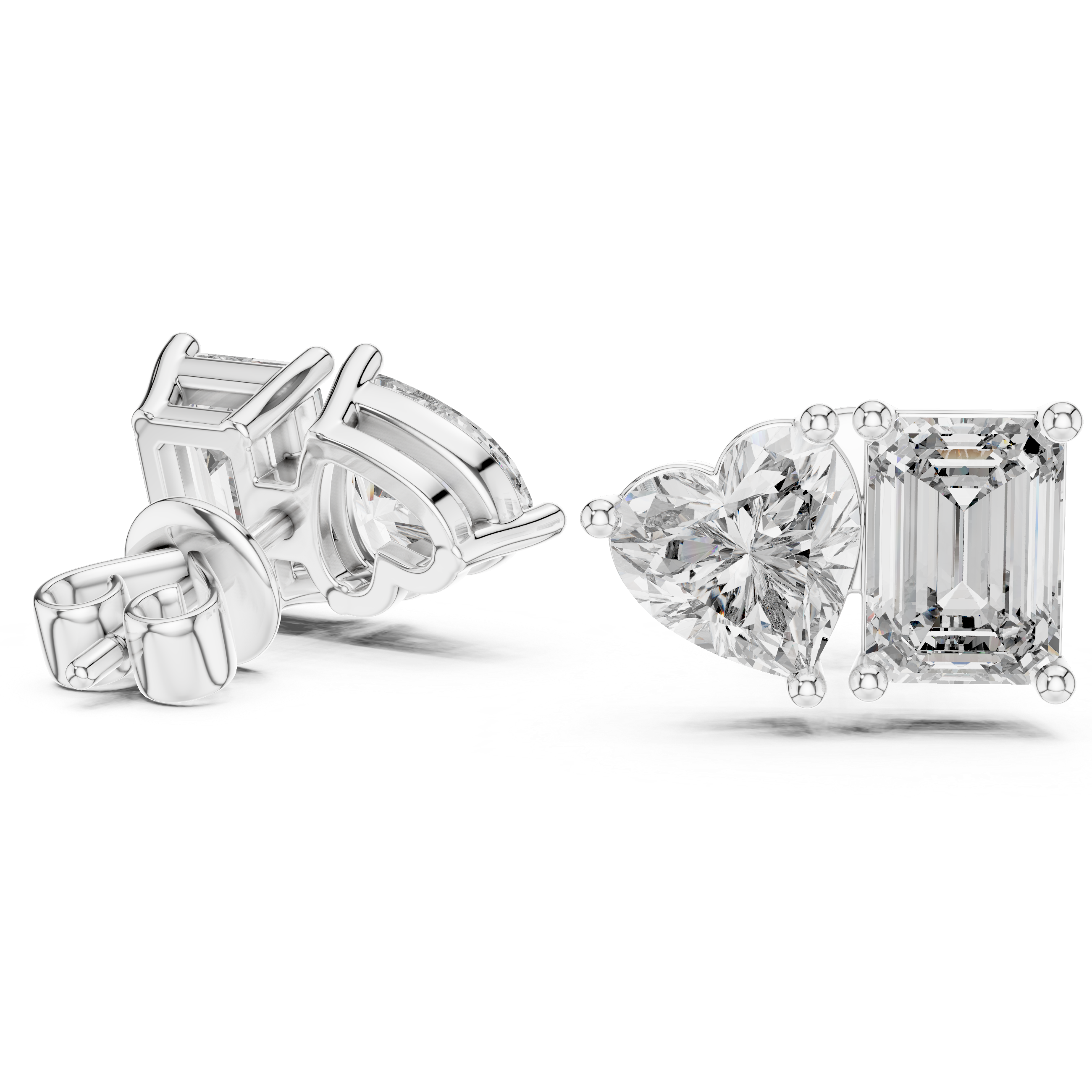 Heart and emerald cut diamond stud earrings in rose gold finish