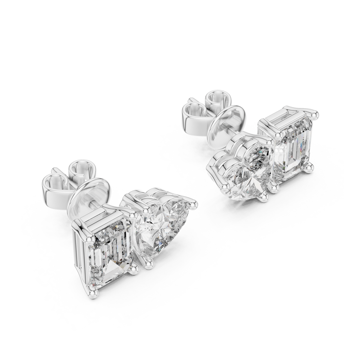 Heart and emerald cut diamond stud earrings in rose gold finish