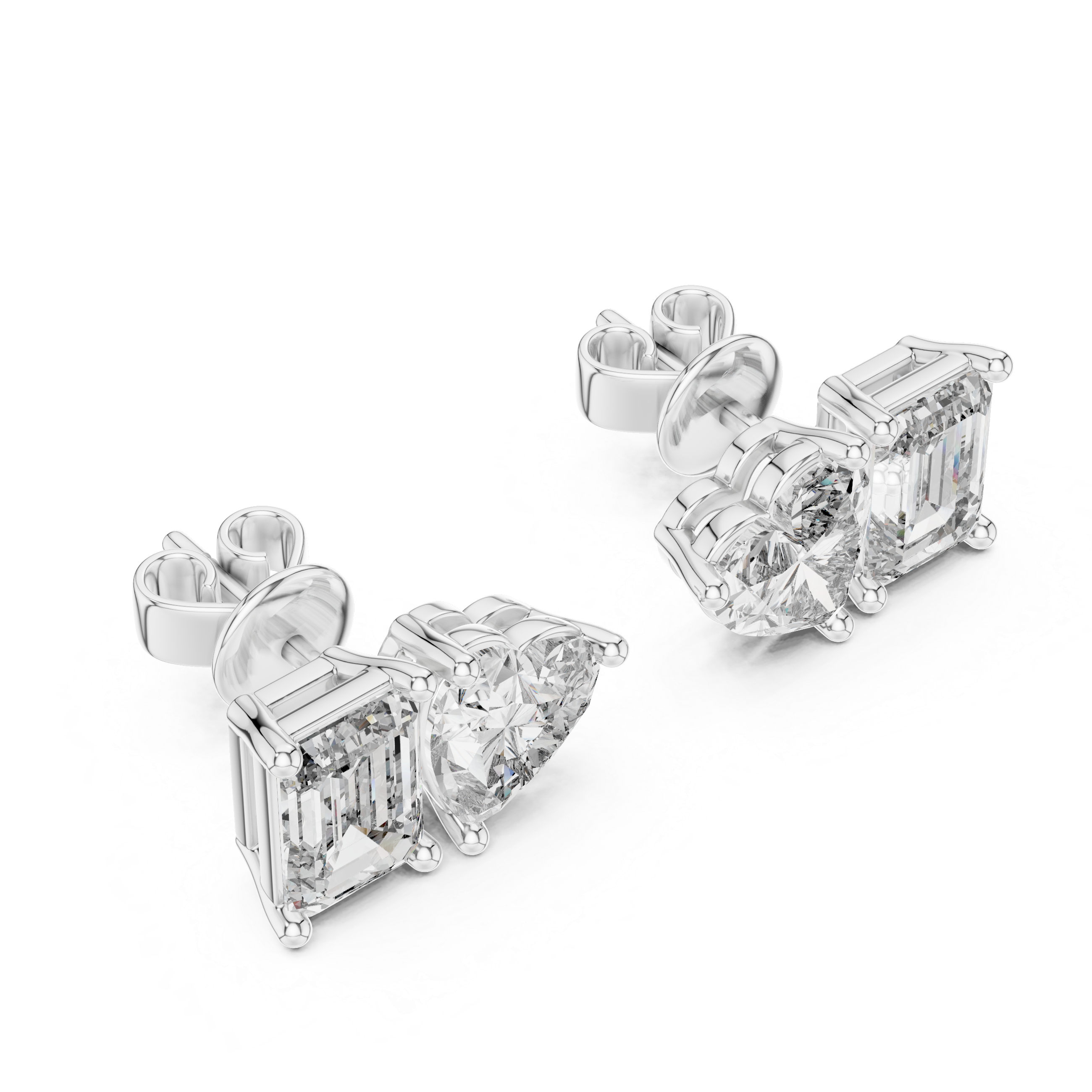 Heart and emerald cut diamond stud earrings in rose gold finish