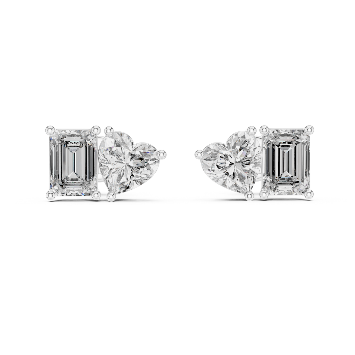 Heart and emerald cut diamond stud earrings in rose gold finish