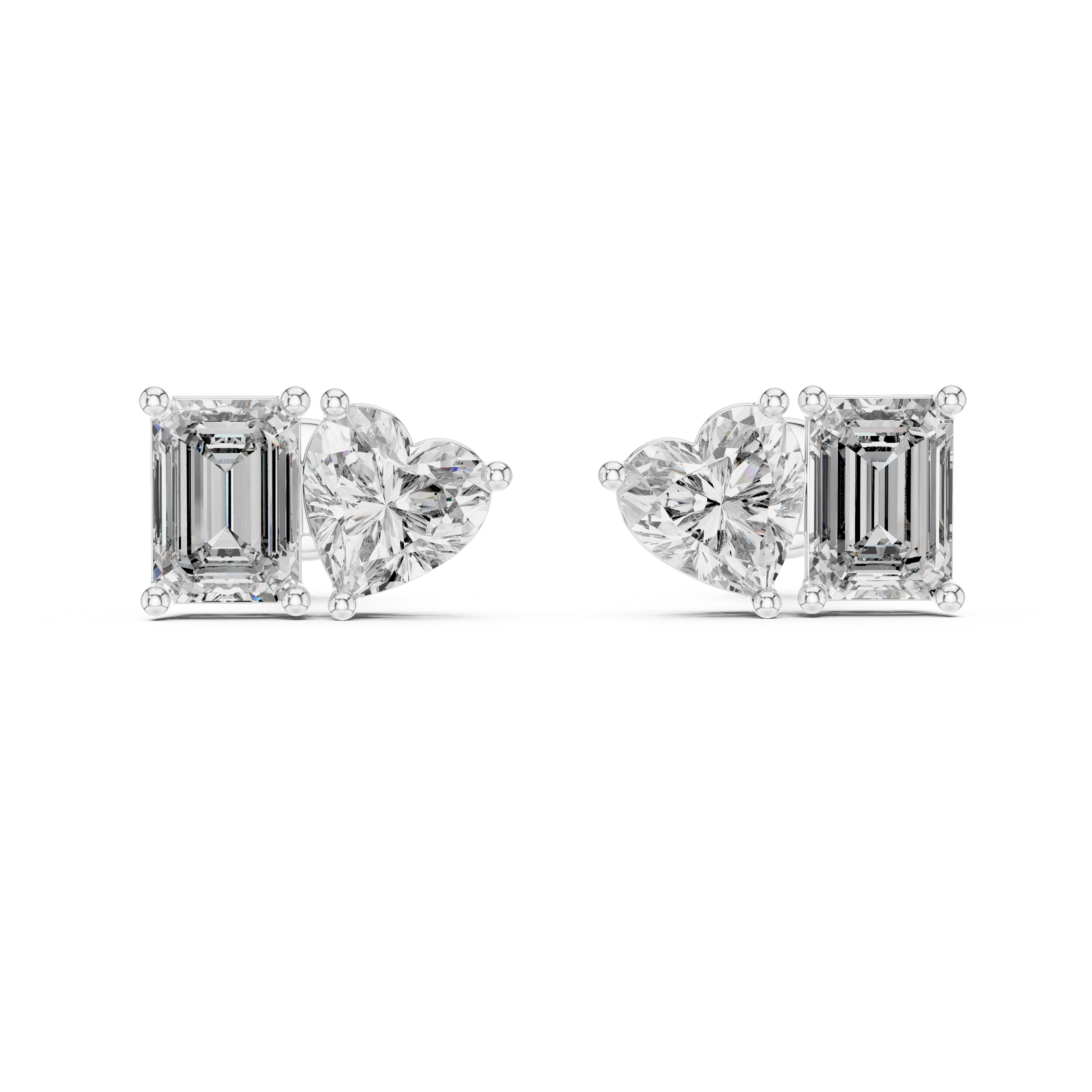 Heart and emerald cut diamond stud earrings in rose gold finish