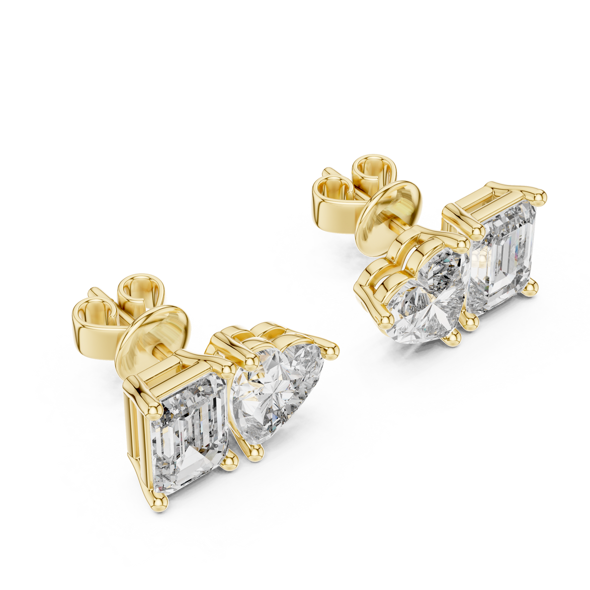 Heart and emerald cut diamond stud earrings in rose gold finish
