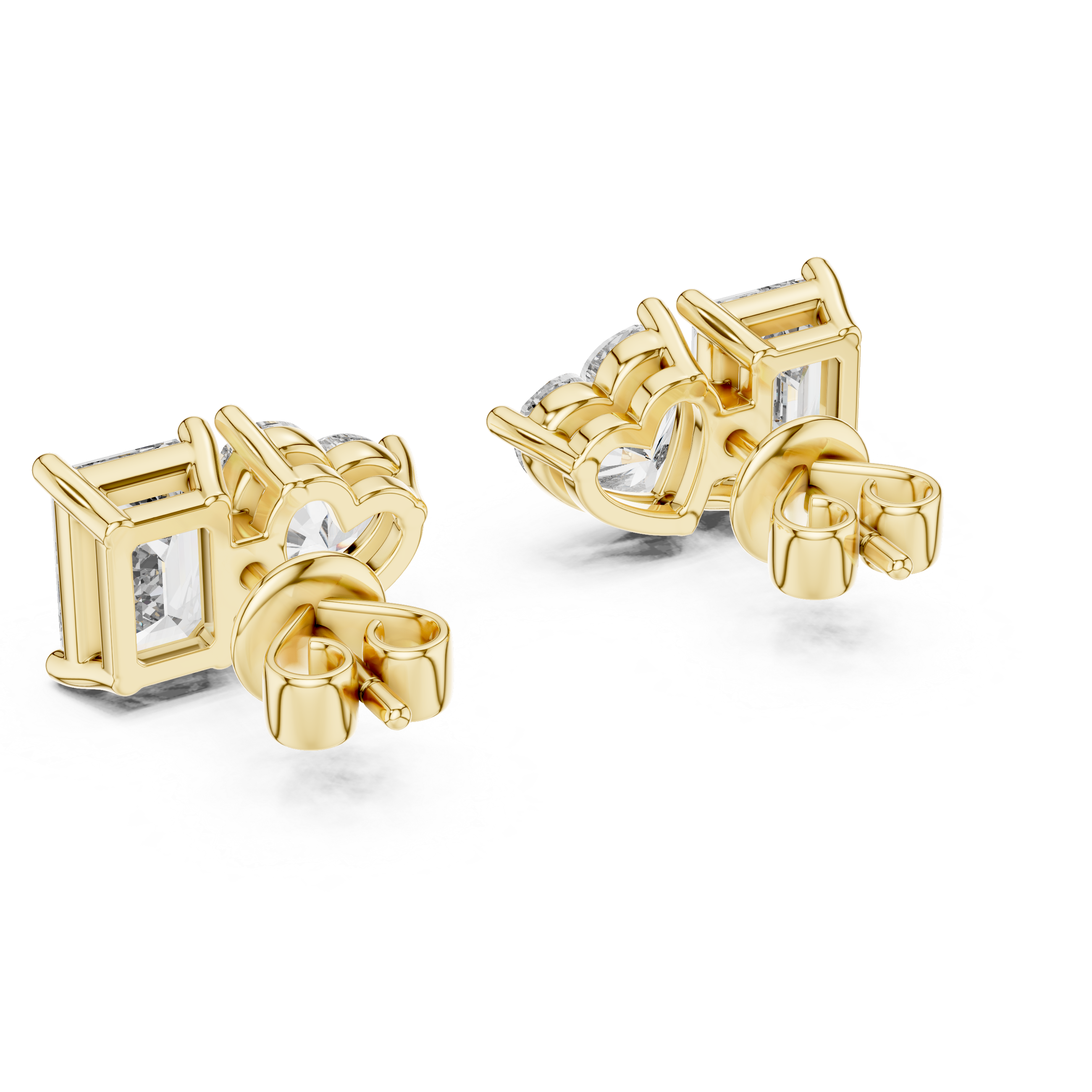 Heart and emerald cut diamond stud earrings in rose gold finish