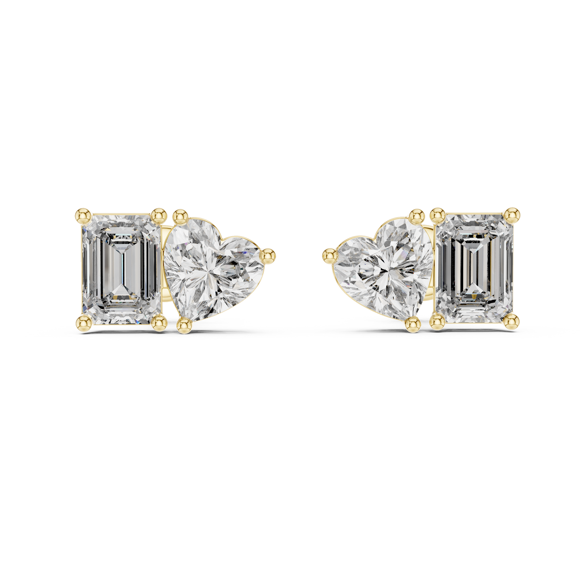 Heart and emerald cut diamond stud earrings in rose gold finish