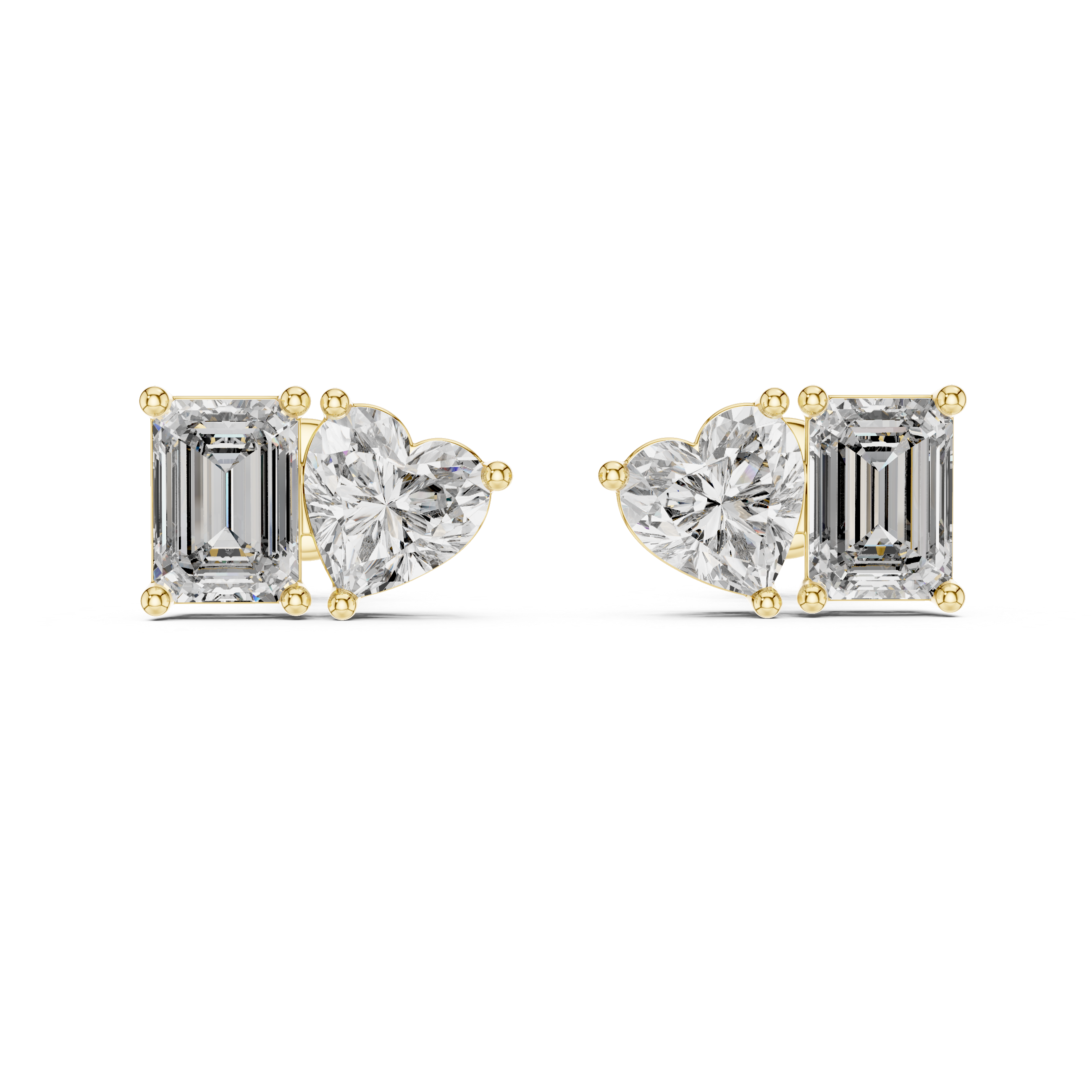 Heart and emerald cut diamond stud earrings in rose gold finish